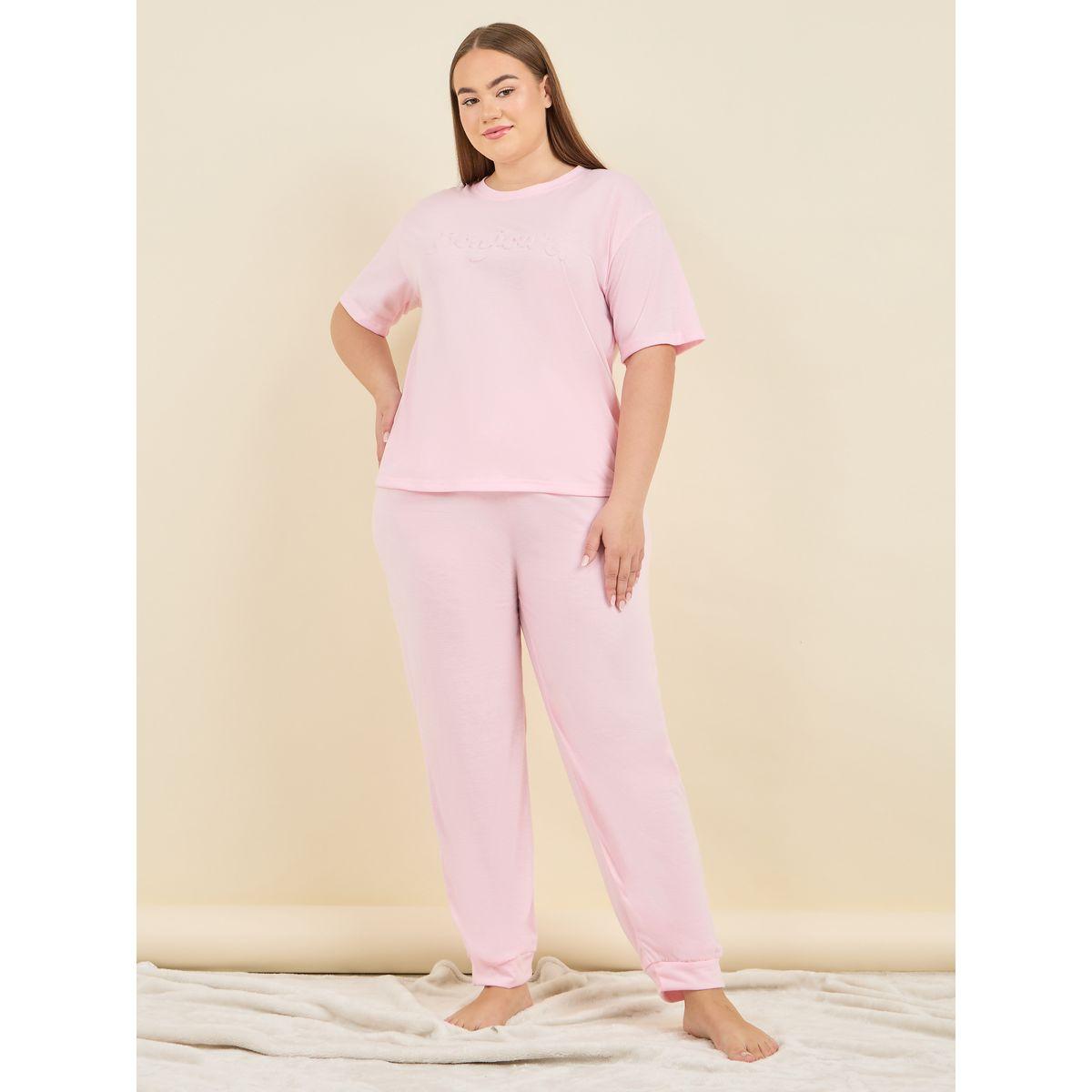 Styli Unwind Plus Bonjour Embossed T-Shirt & Pyjama Set-women-clothing-nightwear-pyjamas-longsets-image-2
