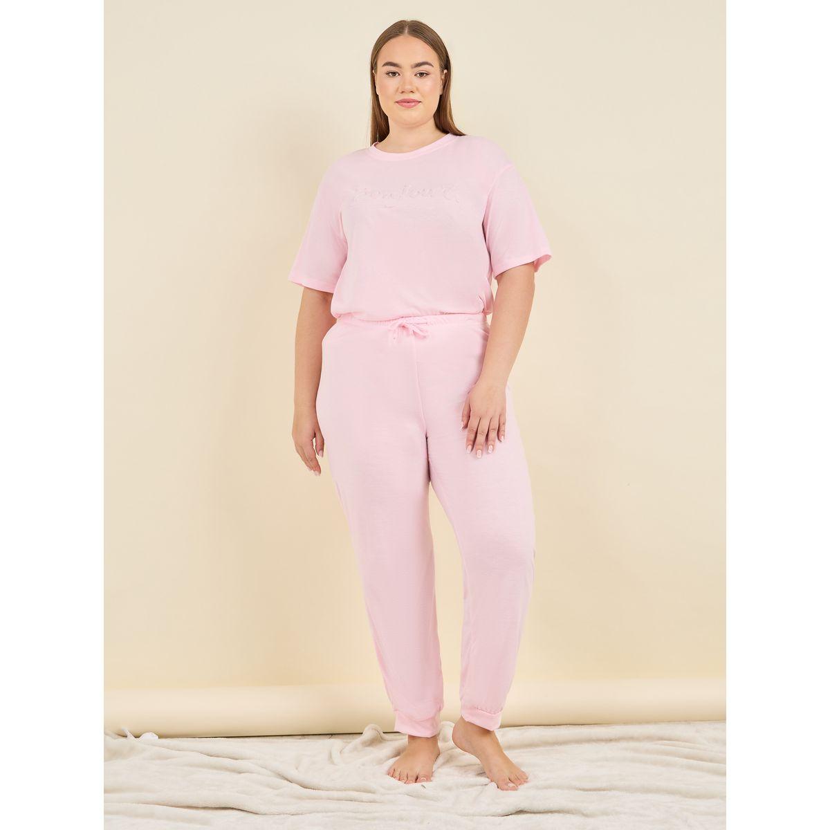 Styli Unwind Plus Bonjour Embossed T-Shirt & Pyjama Set-women-clothing-nightwear-pyjamas-longsets-image-3