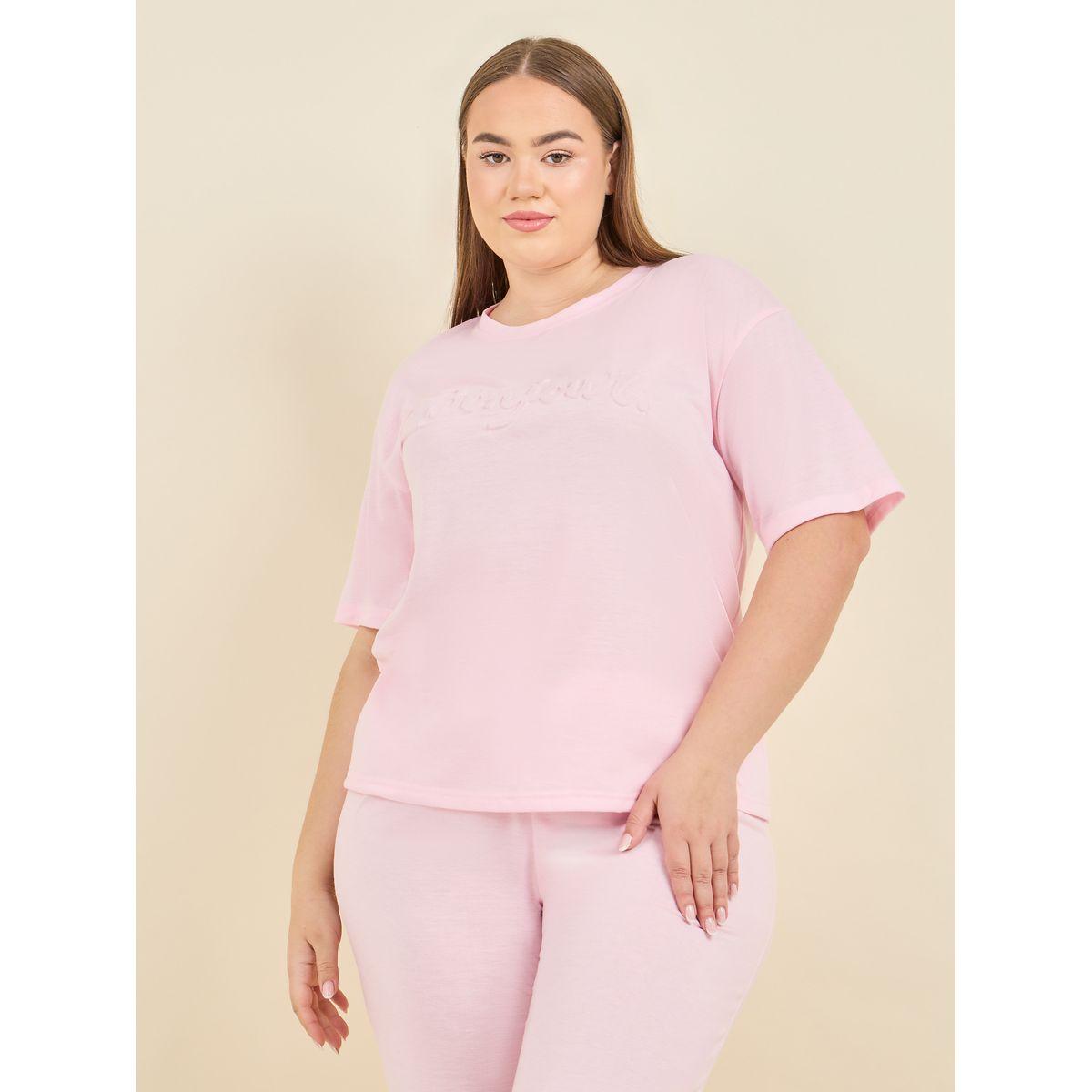 Styli Unwind Plus Bonjour Embossed T-Shirt & Pyjama Set-women-clothing-nightwear-pyjamas-longsets-image-4