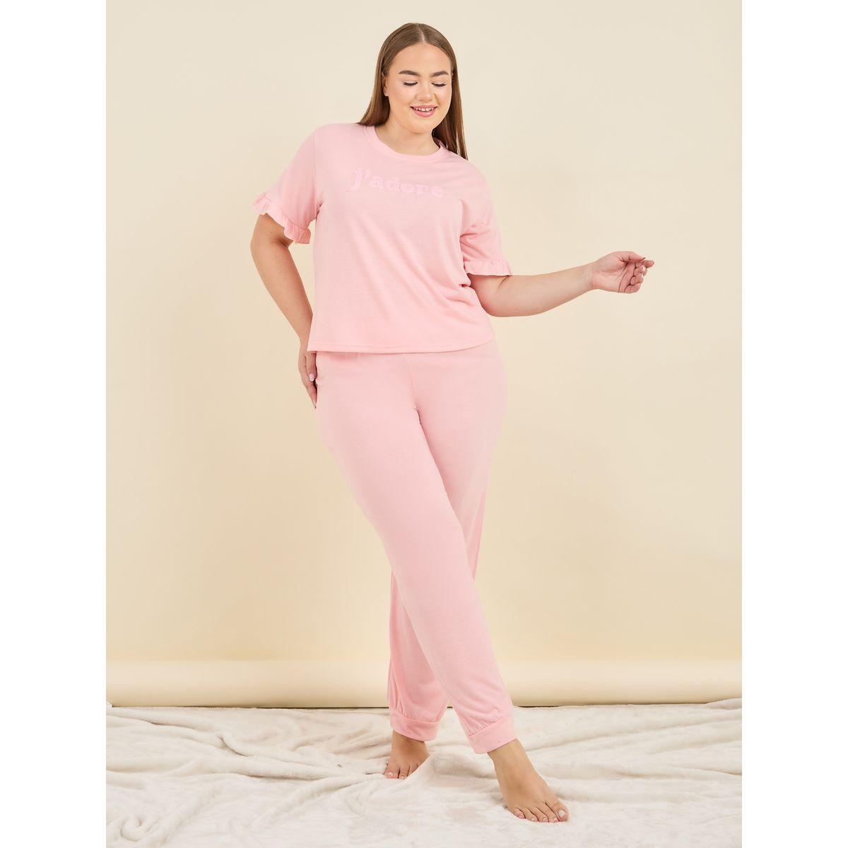 Styli Unwind Plus Patch Detail Ruffle Sleeve T-Shirt & Pyjama Set-women-clothing-nightwear-pyjamas-longsets-image-1
