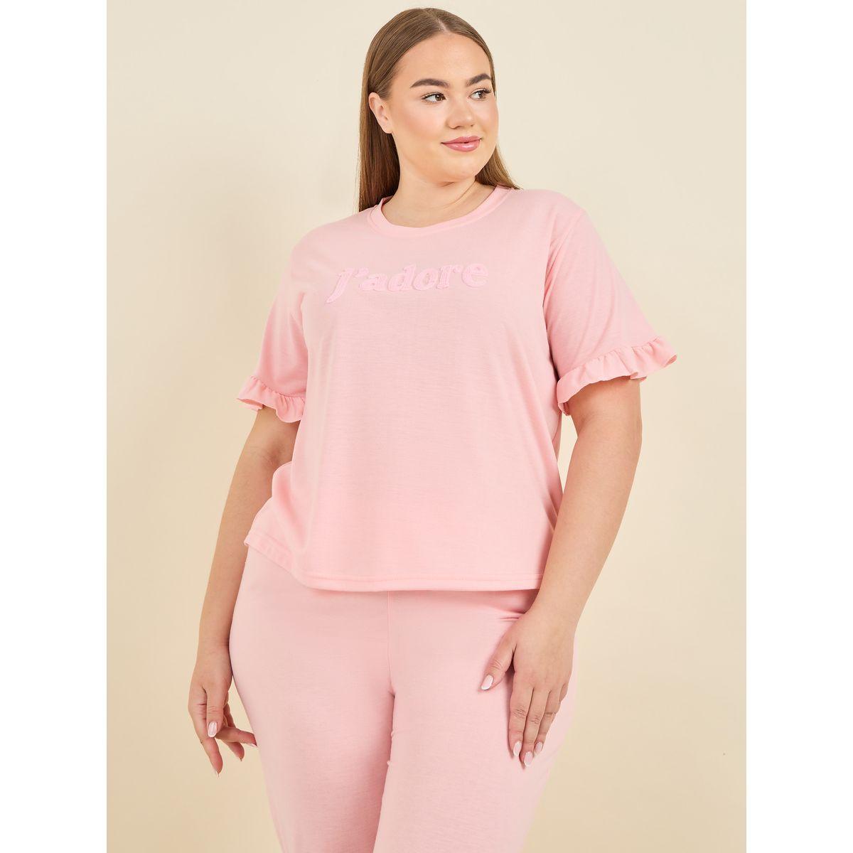 Styli Unwind Plus Patch Detail Ruffle Sleeve T-Shirt & Pyjama Set-women-clothing-nightwear-pyjamas-longsets-image-2