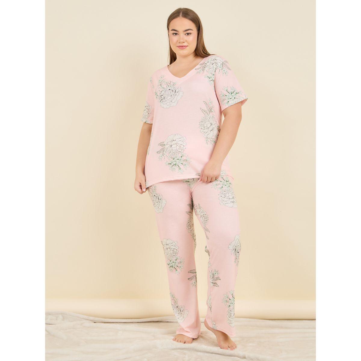 Styli Unwind Plus Floral Print T-Shirt & Pyjama Set-women-clothing-nightwear-pyjamas-longsets-image-1