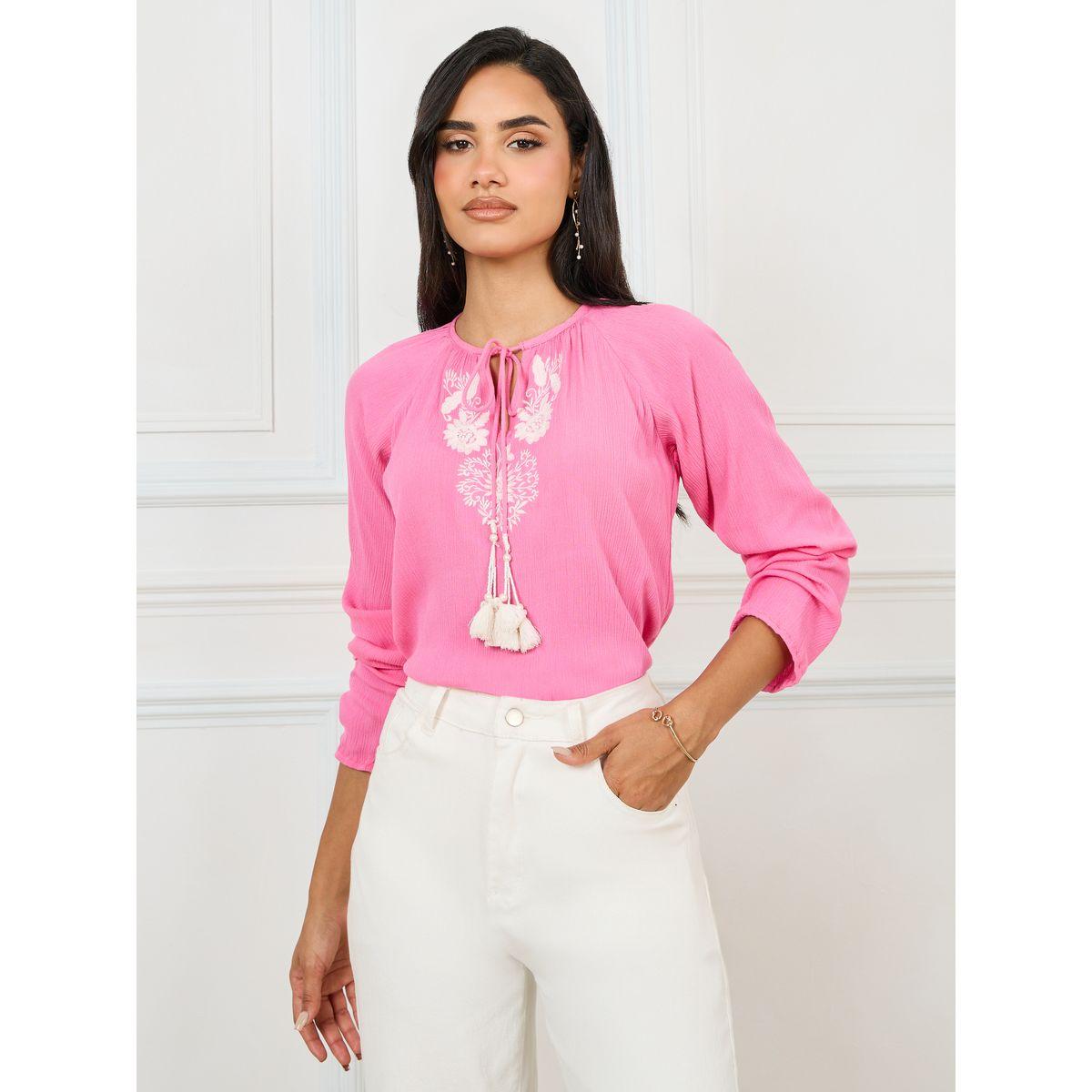 Styli Limited Embroidered Panel Tie-Up Neck Blouse-women-clothing-shirtsandblouses-blouses-image-1