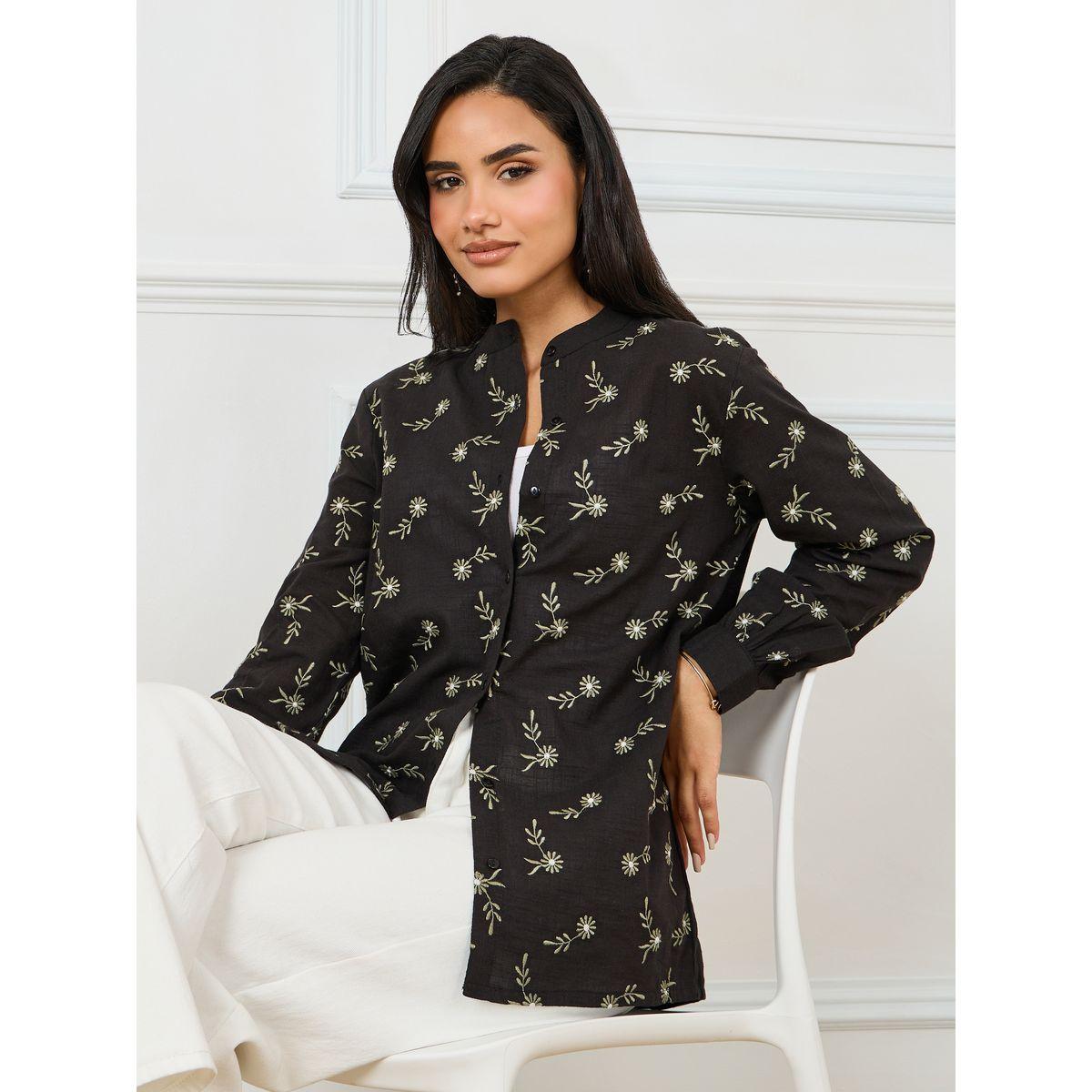 Styli Limited Cotton Slub Floral Embroidered Mandarin Collar Shirt-women-clothing-shirtsandblouses-shirts-image-1