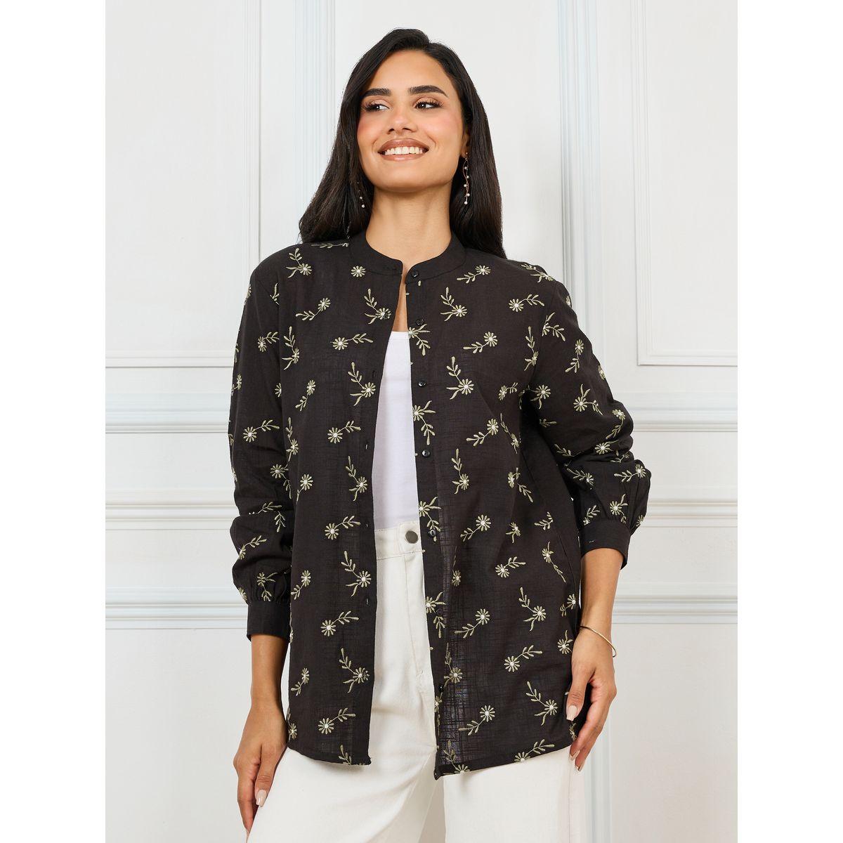 Styli Limited Cotton Slub Floral Embroidered Mandarin Collar Shirt-women-clothing-shirtsandblouses-shirts-image-3
