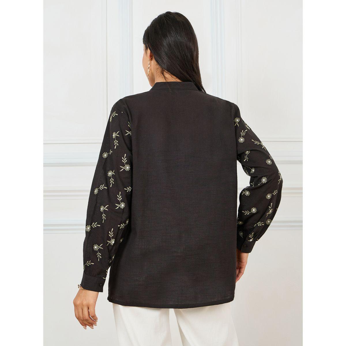 Styli Limited Cotton Slub Floral Embroidered Mandarin Collar Shirt-women-clothing-shirtsandblouses-shirts-image-5