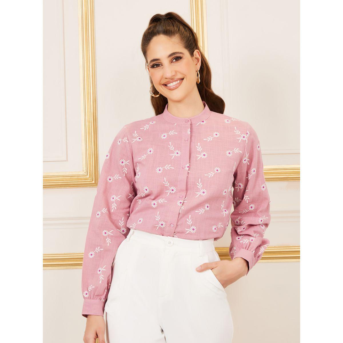 Styli Limited Cotton Slub Floral Embroidered Mandarin Collar Shirt-women-clothing-shirtsandblouses-shirts-image-1