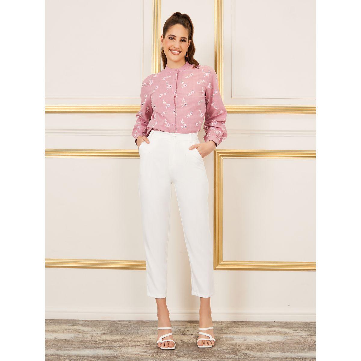 Styli Limited Cotton Slub Floral Embroidered Mandarin Collar Shirt-women-clothing-shirtsandblouses-shirts-image-2