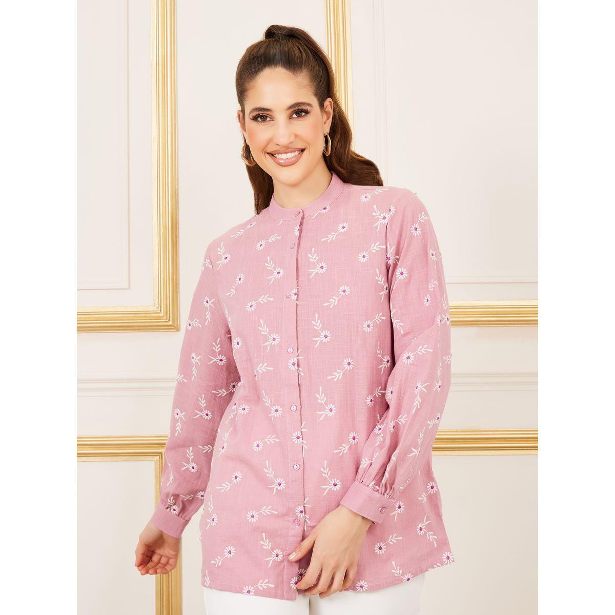Styli Limited Cotton Slub Floral Embroidered Mandarin Collar Shirt-women-clothing-shirtsandblouses-shirts-image-3