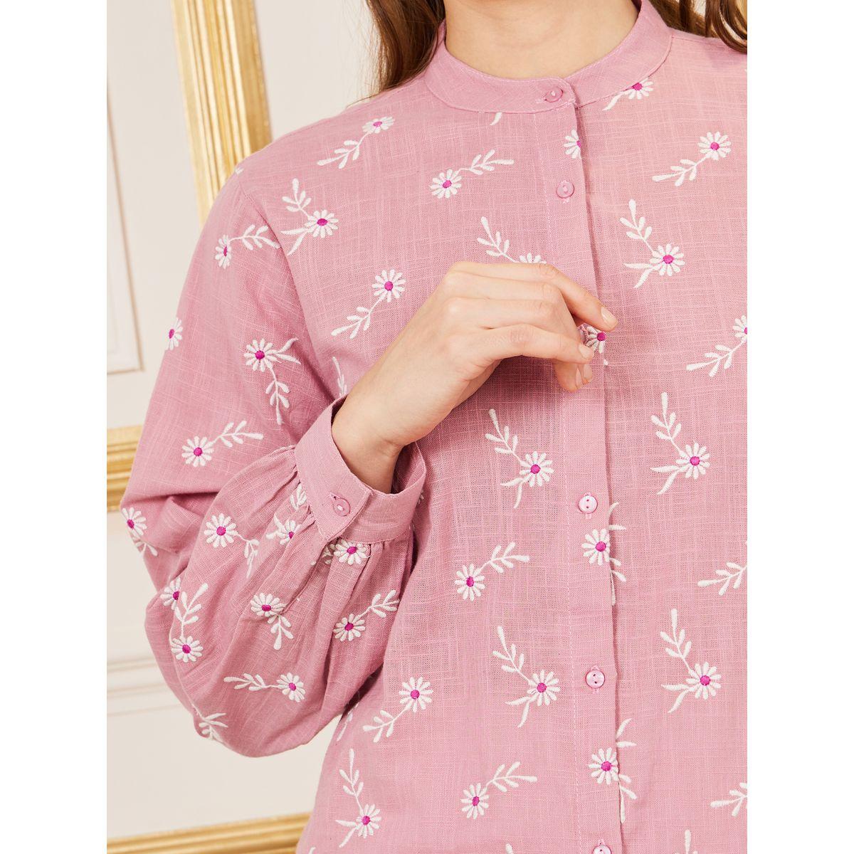 Styli Limited Cotton Slub Floral Embroidered Mandarin Collar Shirt-women-clothing-shirtsandblouses-shirts-image-4