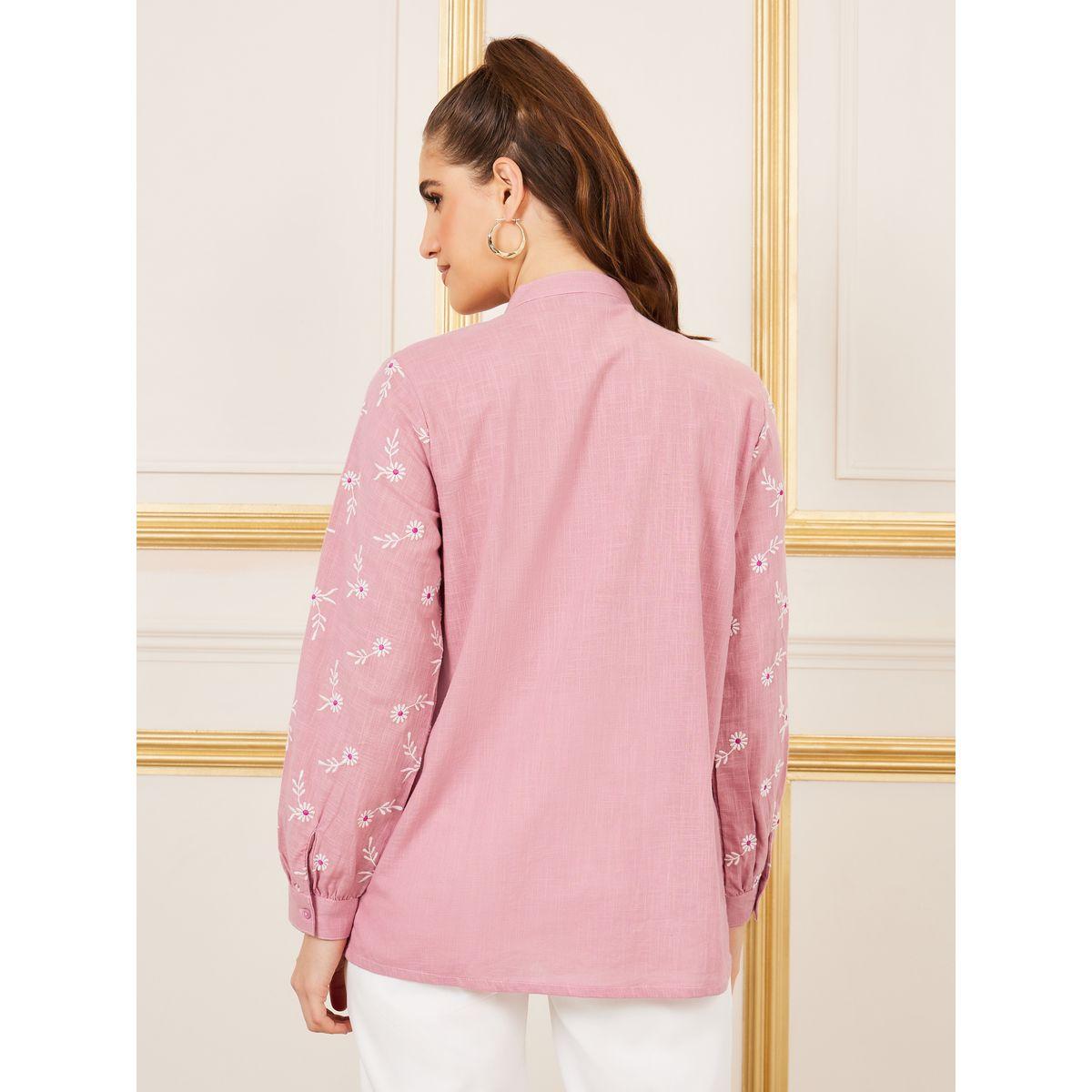 Styli Limited Cotton Slub Floral Embroidered Mandarin Collar Shirt-women-clothing-shirtsandblouses-shirts-image-5