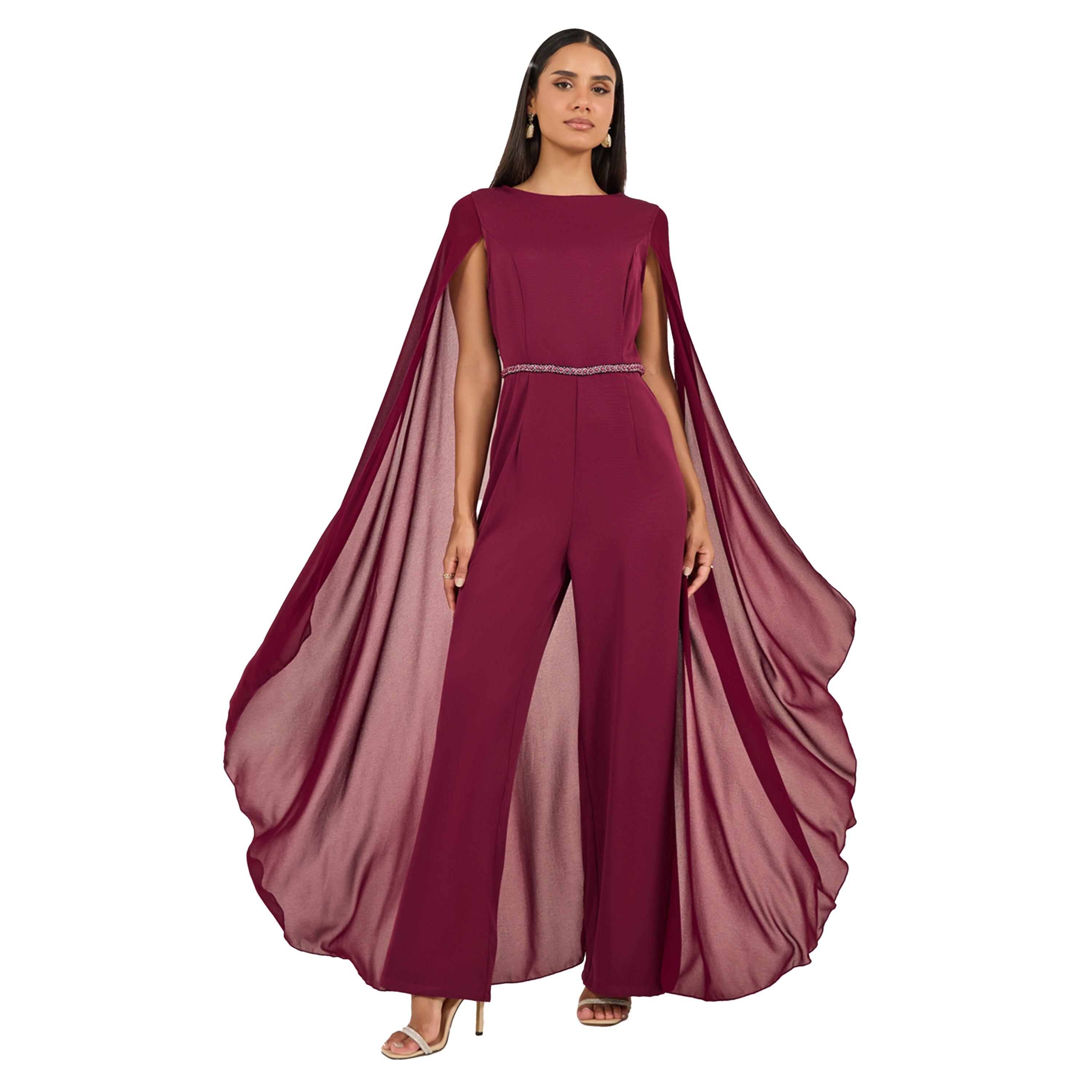 ستايلي - جمبسوت بتفاصيل لؤلؤ صناعي وأكمام كيب وساق واسعة-women-clothing-jumpsuits-image-1