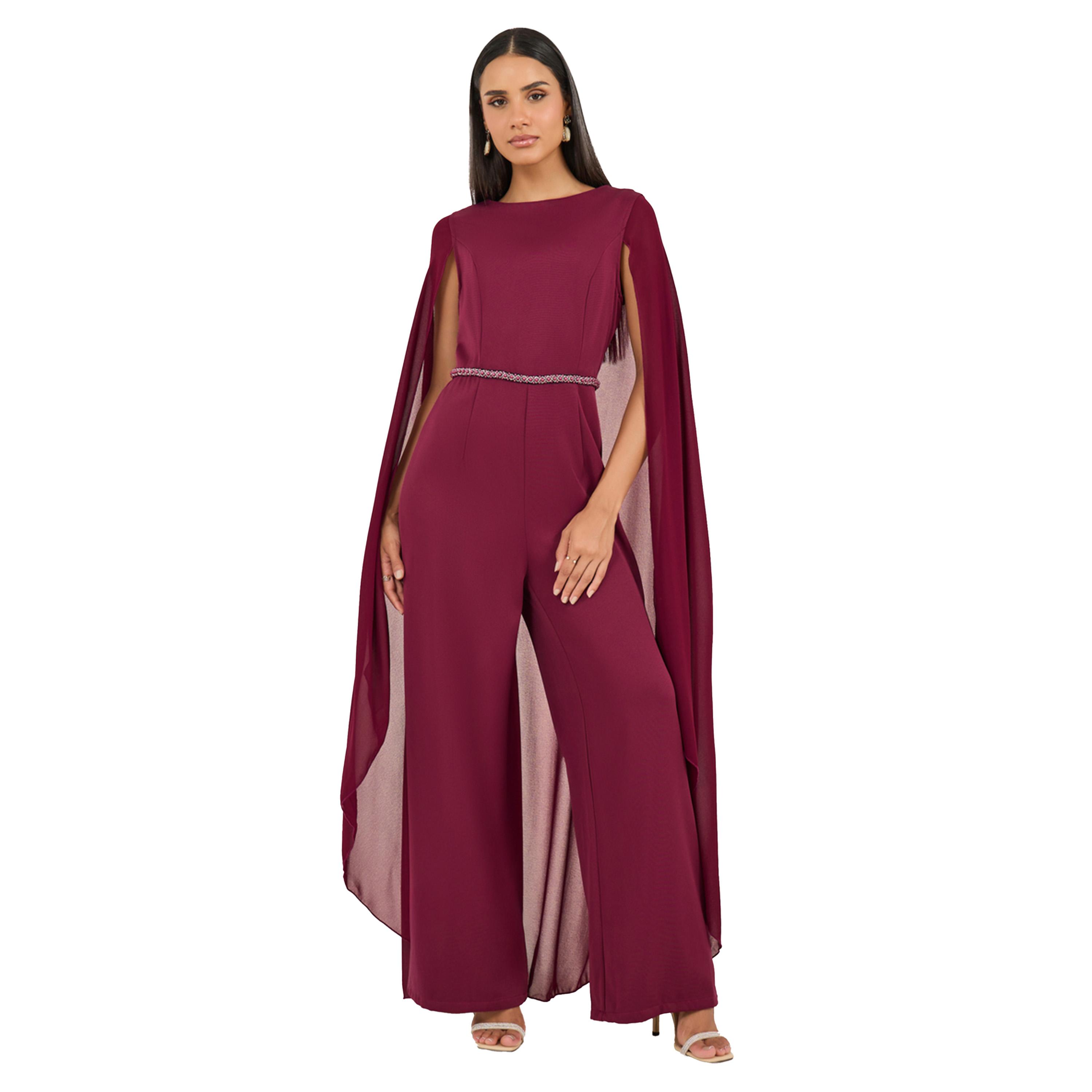 ستايلي - جمبسوت بتفاصيل لؤلؤ صناعي وأكمام كيب وساق واسعة-women-clothing-jumpsuits-image-2