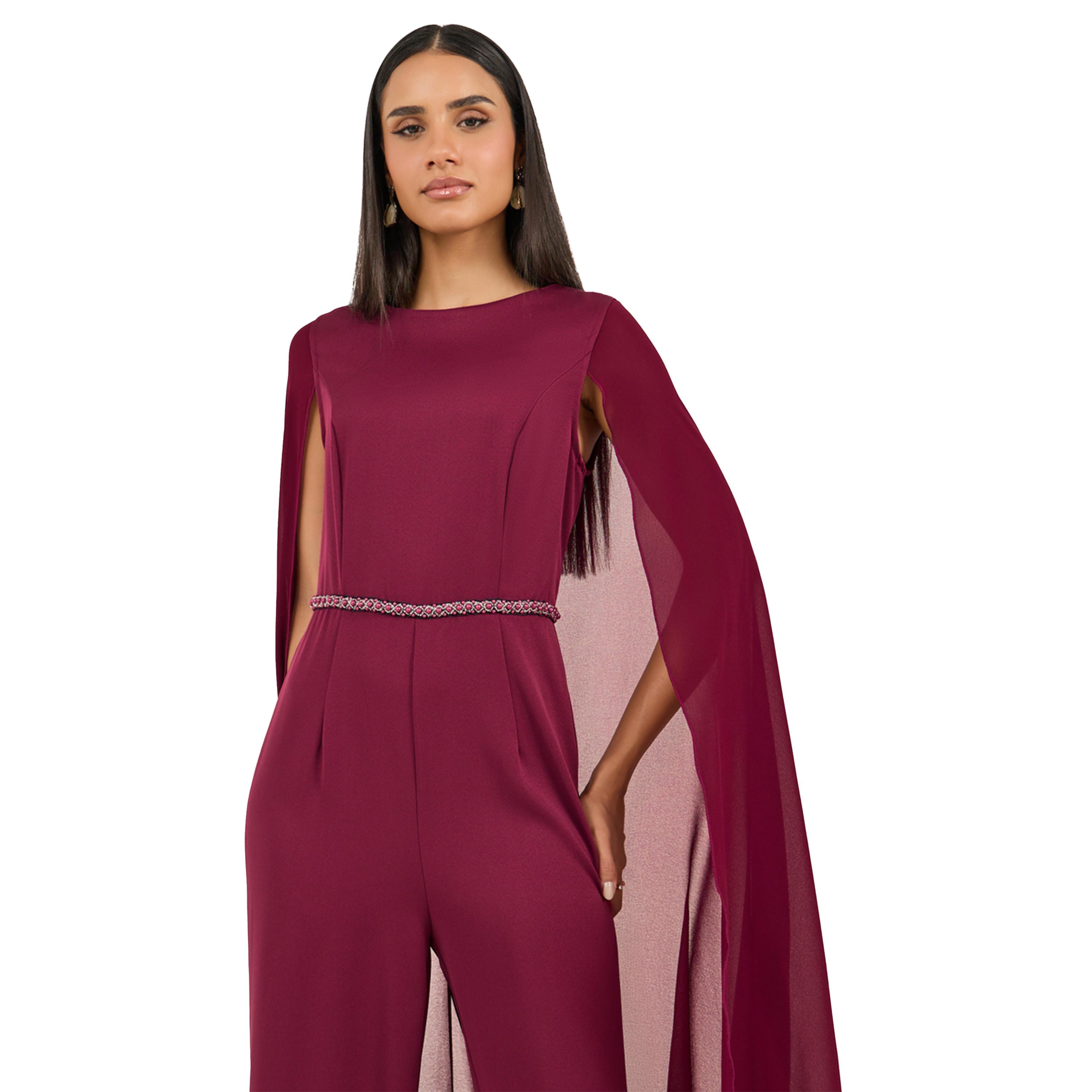 ستايلي - جمبسوت بتفاصيل لؤلؤ صناعي وأكمام كيب وساق واسعة-women-clothing-jumpsuits-image-3