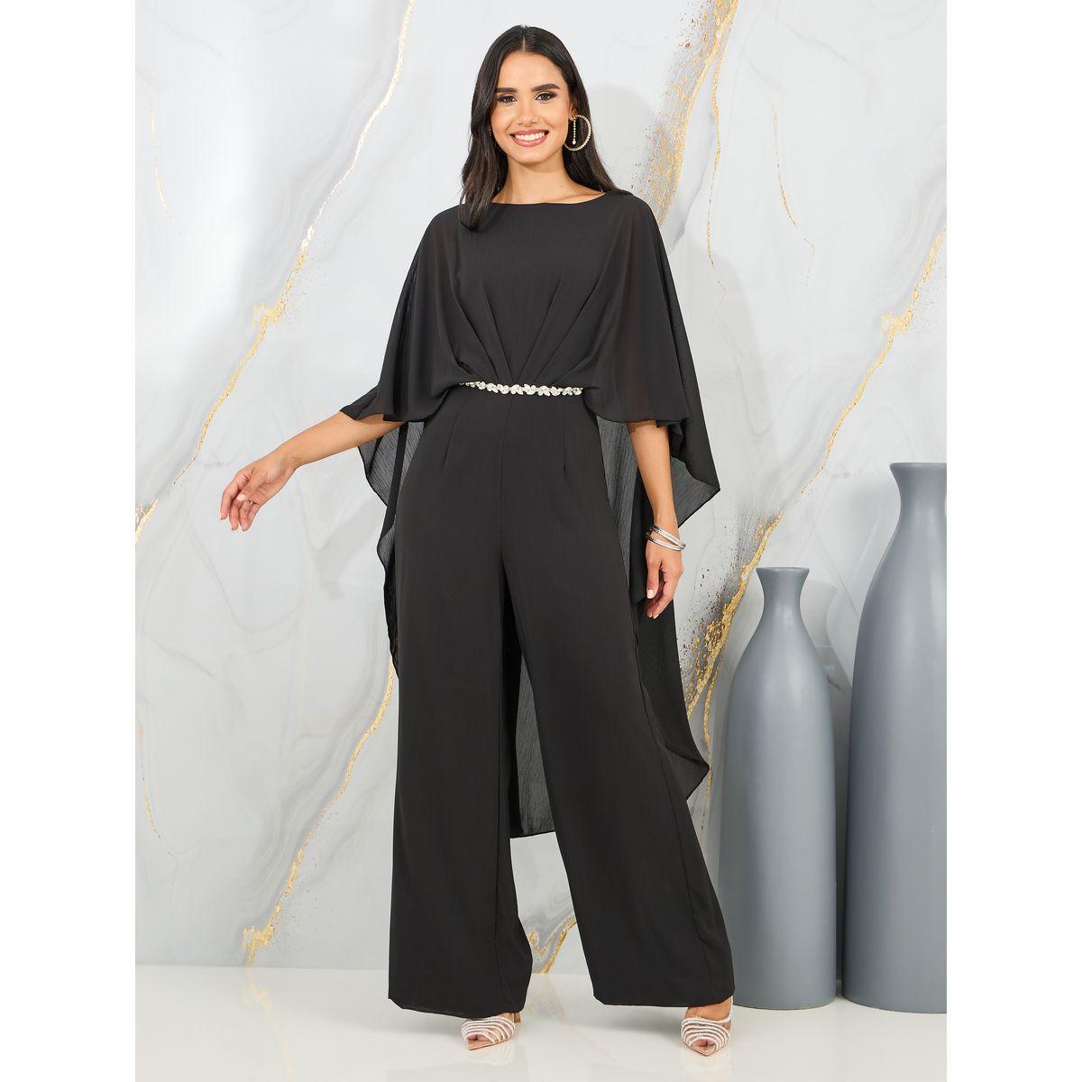 Styli Embellished Belt Cape Style Wide Leg Chiffon Jumpsuit-women-clothing-jumpsuits-image-1