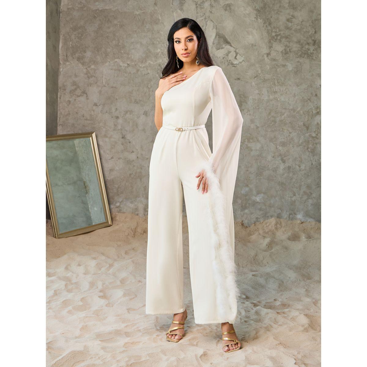 Styli Faux Fur Trim One Shoulder Sleeves Wide Leg Jumpsuit-women-clothing-jumpsuits-image-1