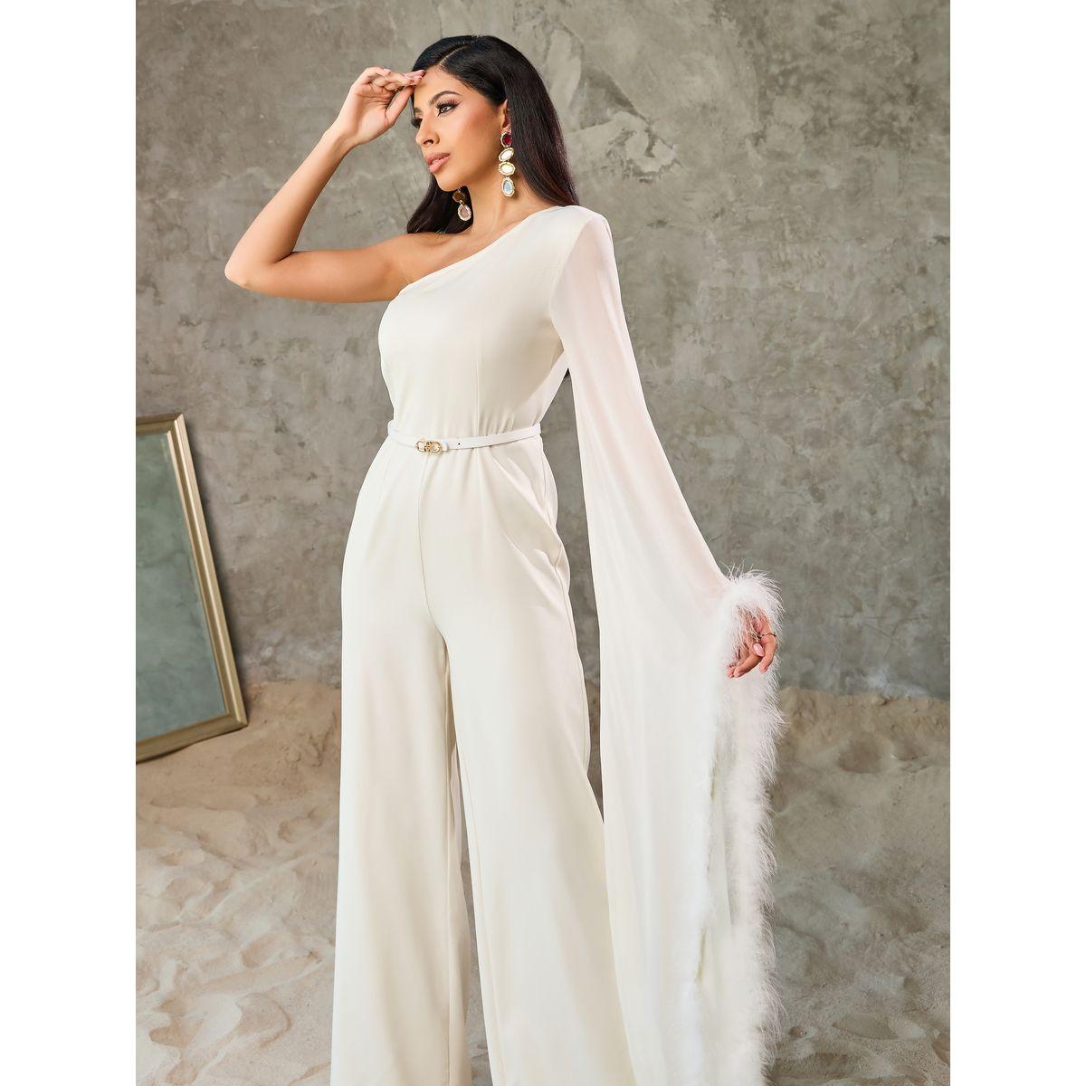 Styli Faux Fur Trim One Shoulder Sleeves Wide Leg Jumpsuit-women-clothing-jumpsuits-image-2