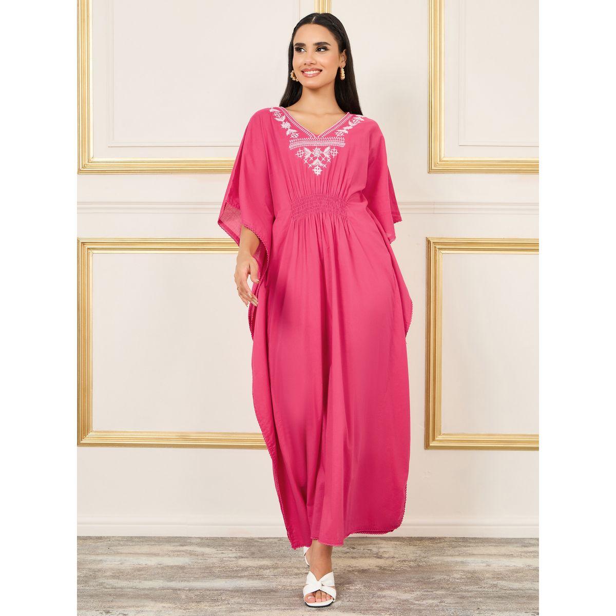 Styli Limited Embroidered Smocked Detail Batwing Sleeves Maxi Dress-women-clothing-dresses-image-1