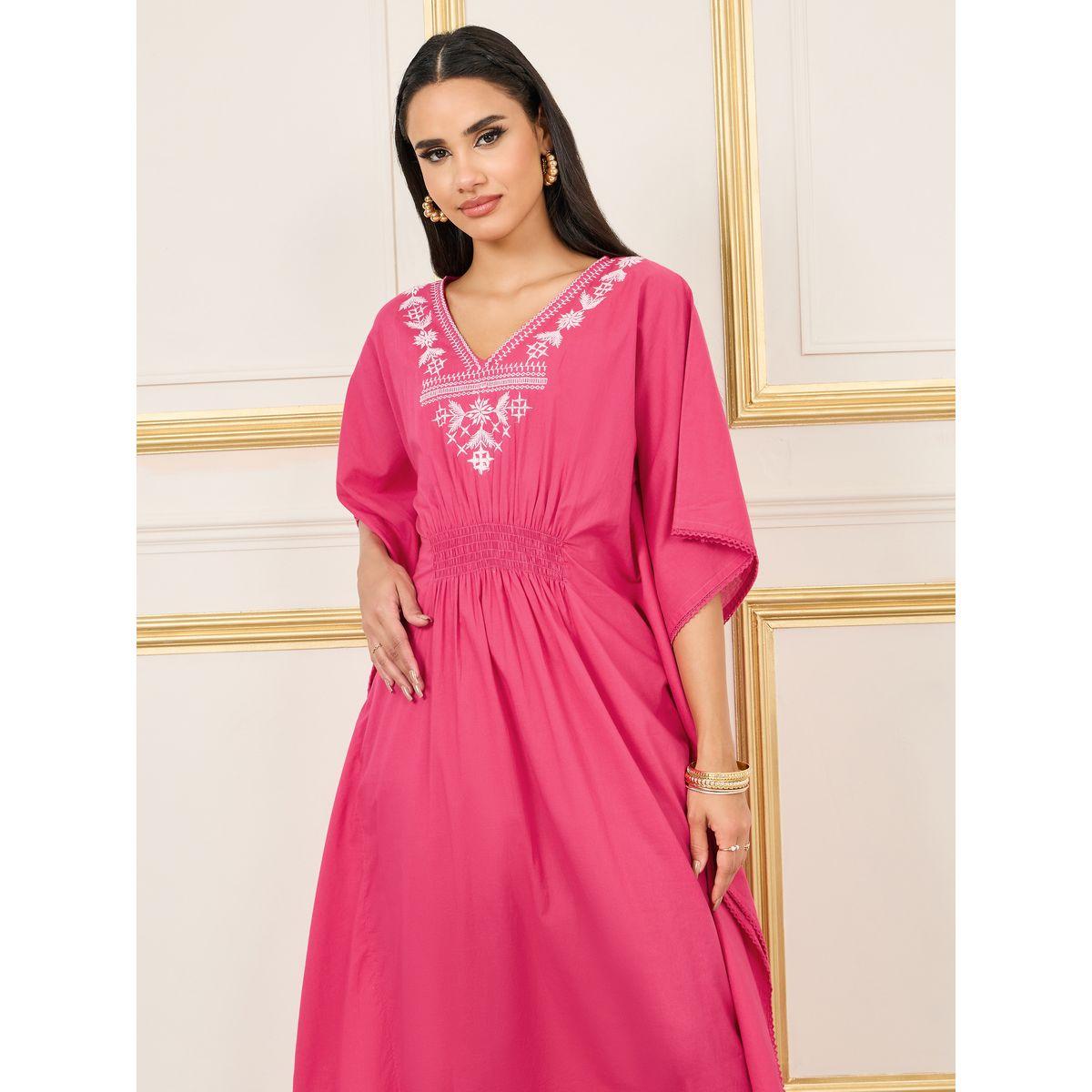 Styli Limited Embroidered Smocked Detail Batwing Sleeves Maxi Dress-women-clothing-dresses-image-2