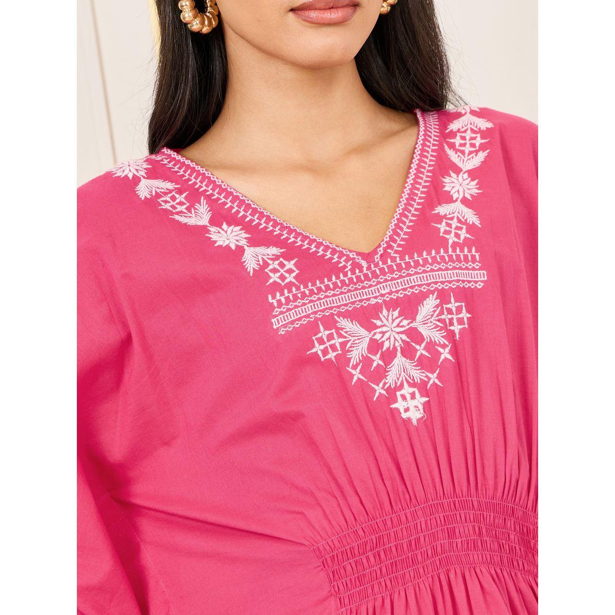 Styli Limited Embroidered Smocked Detail Batwing Sleeves Maxi Dress-women-clothing-dresses-image-3