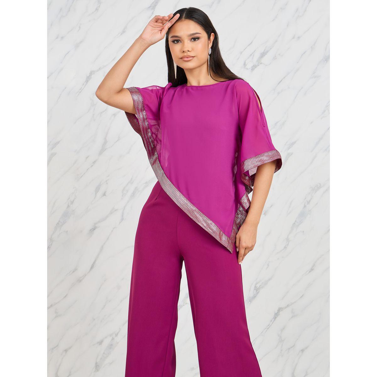 Styli Lace Trim Asymmetric Hem Cape Overlay Wide Leg Jumpsuit-women-clothing-jumpsuits-image-2