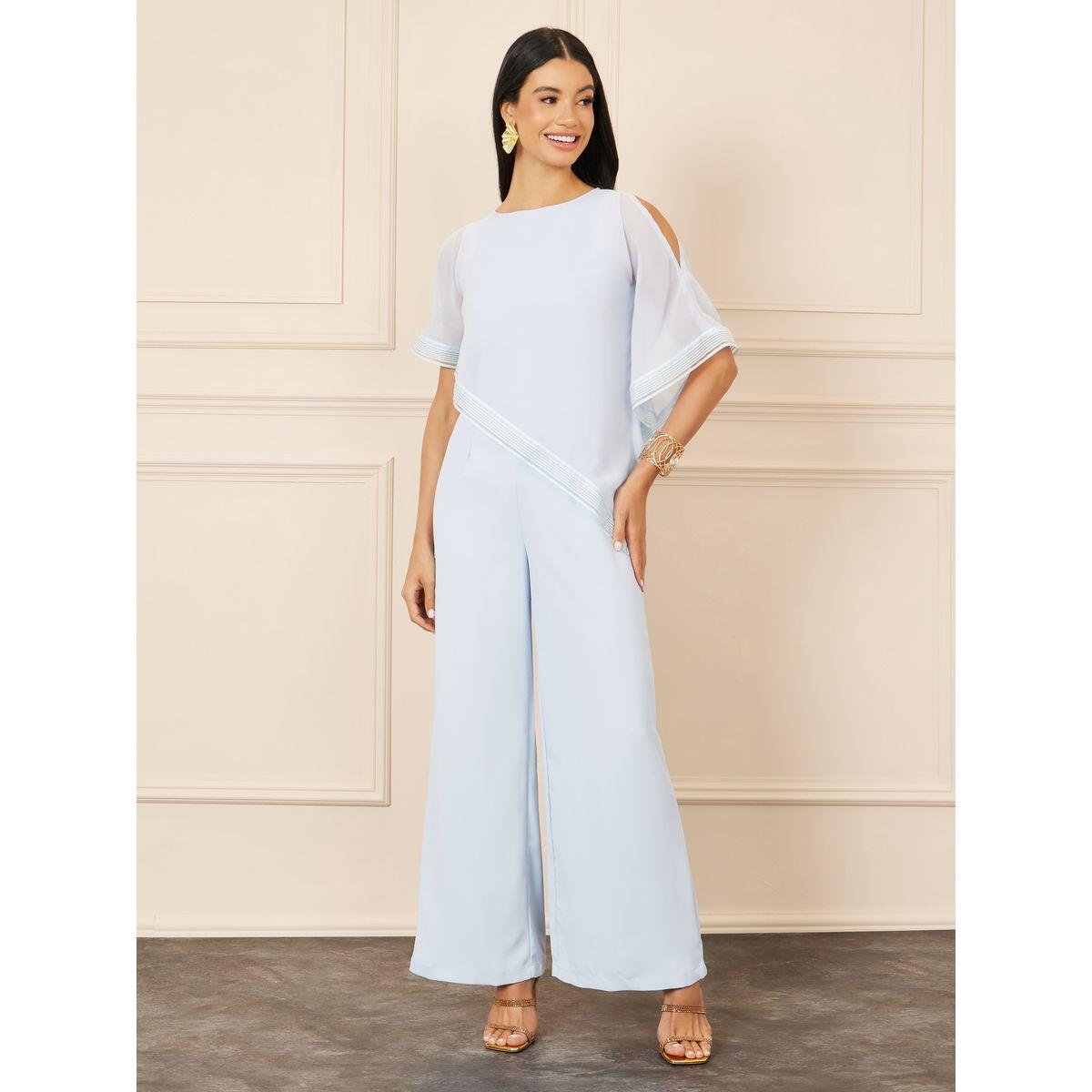 Styli Striped Trim Asymmetric Cape Layer Wide Leg Jumpsuit-women-clothing-jumpsuits-image-1