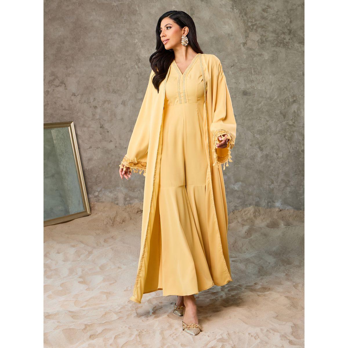 Styli Embroidered Lace Flared Hem Jumpsuit and Tassel Trim Abaya Set-women-arabicclothing-abayas-image-1