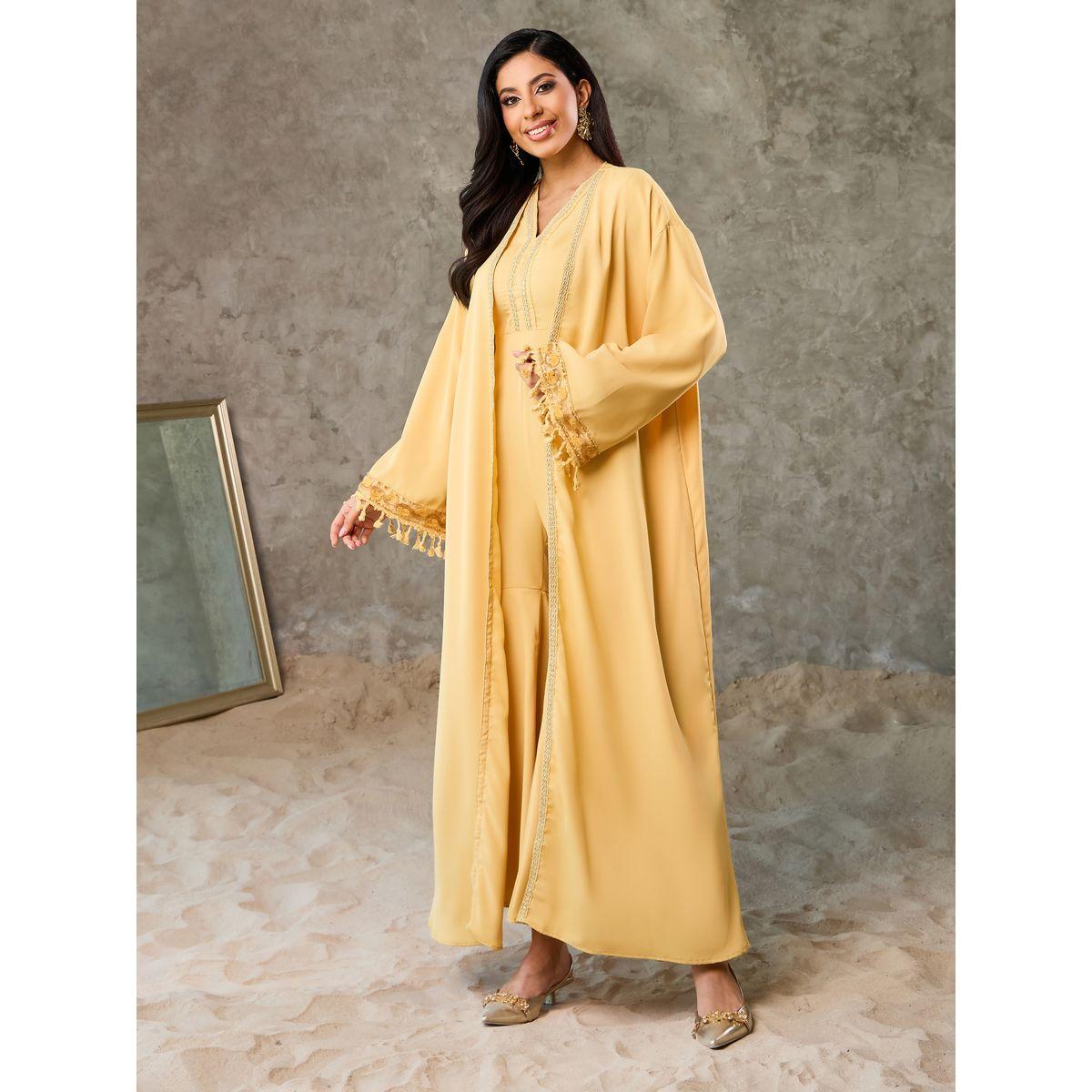 Styli Embroidered Lace Flared Hem Jumpsuit and Tassel Trim Abaya Set-women-arabicclothing-abayas-image-2