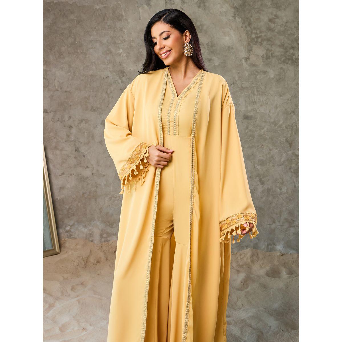 Styli Embroidered Lace Flared Hem Jumpsuit and Tassel Trim Abaya Set-women-arabicclothing-abayas-image-3