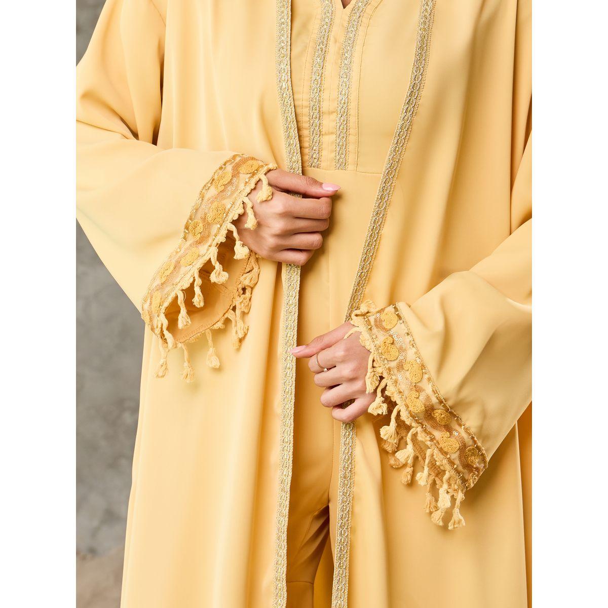Styli Embroidered Lace Flared Hem Jumpsuit and Tassel Trim Abaya Set-women-arabicclothing-abayas-image-4