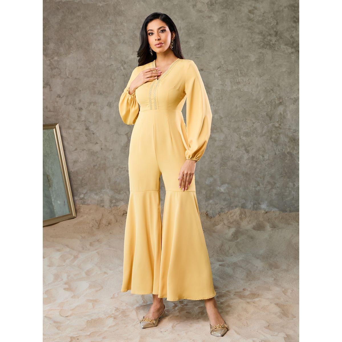 Styli Embroidered Lace Flared Hem Jumpsuit and Tassel Trim Abaya Set-women-arabicclothing-abayas-image-5