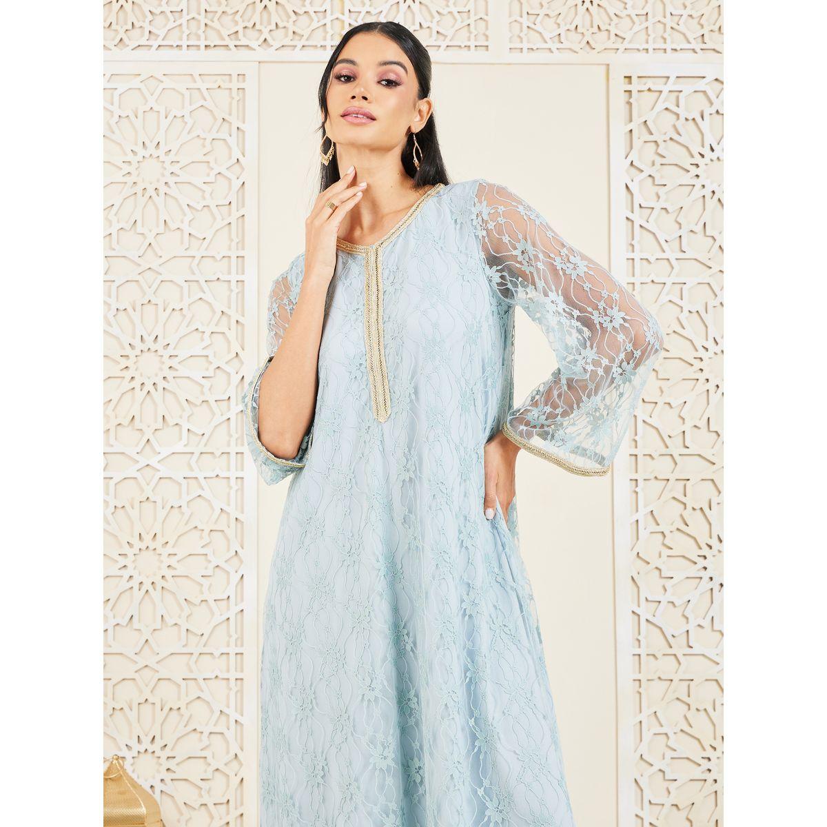 Styli Embroidered Neckline All Over Lace Jalabiya-women-arabicclothing-jalabiyas-image-2