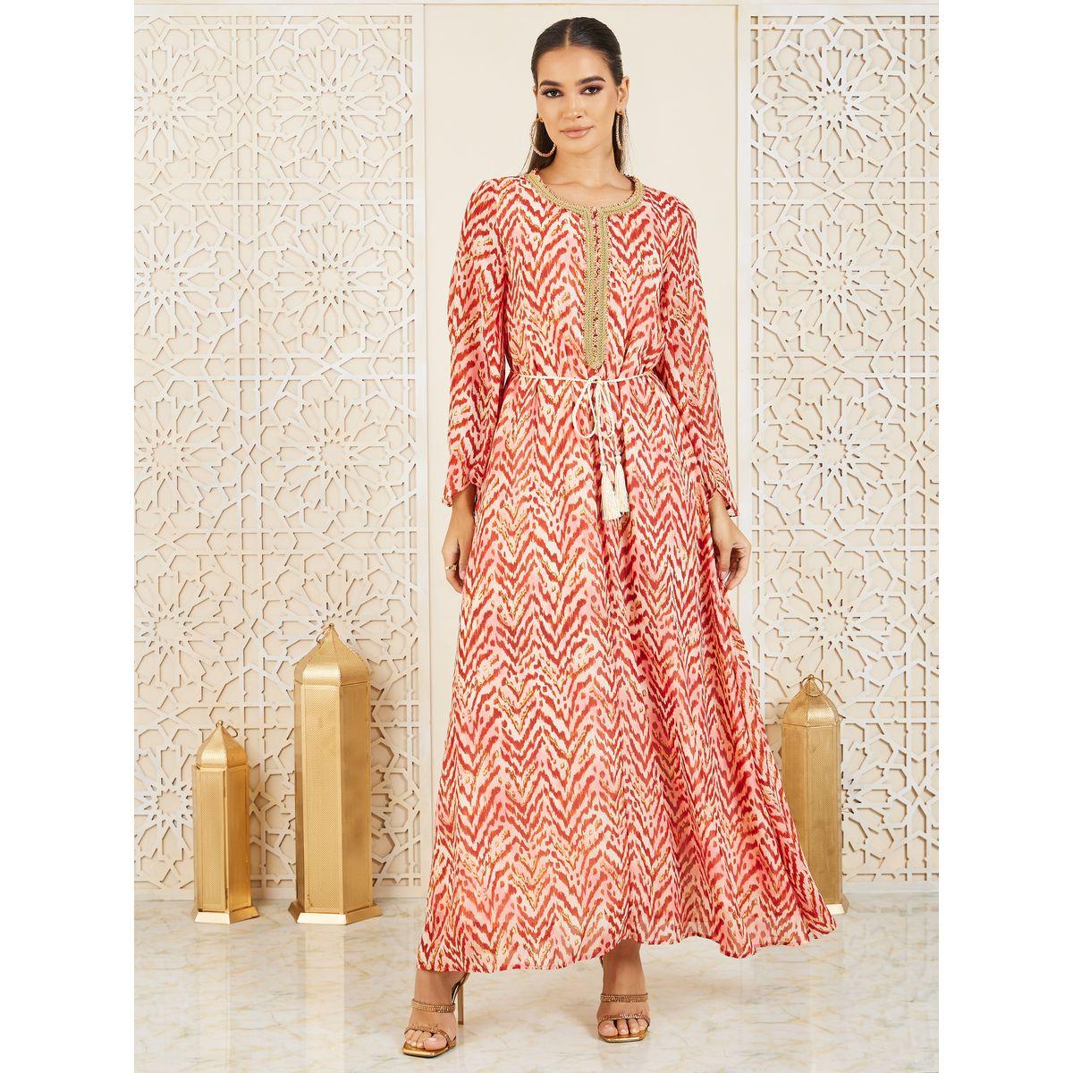 Styli Lace Neckline Tie and Dye Print Jalabiya with Waist Tie Up-women-arabicclothing-jalabiyas-image-1