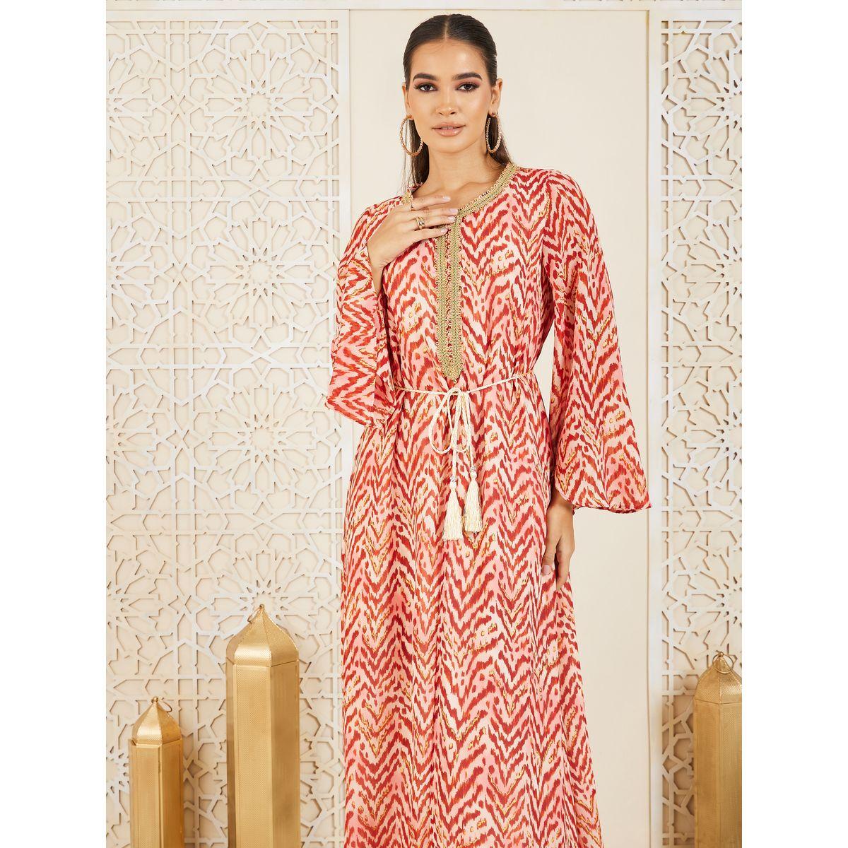 Styli Lace Neckline Tie and Dye Print Jalabiya with Waist Tie Up-women-arabicclothing-jalabiyas-image-2