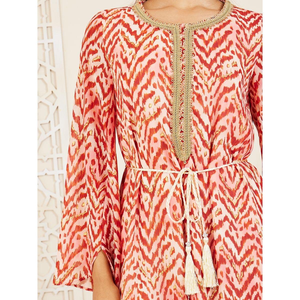 Styli Lace Neckline Tie and Dye Print Jalabiya with Waist Tie Up-women-arabicclothing-jalabiyas-image-3