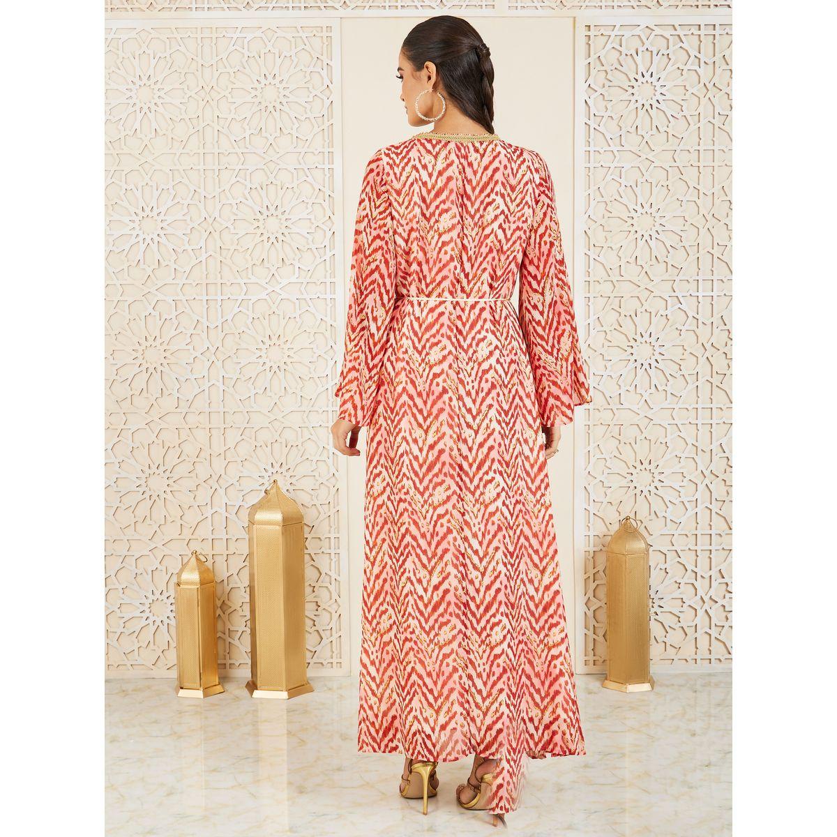 Styli Lace Neckline Tie and Dye Print Jalabiya with Waist Tie Up-women-arabicclothing-jalabiyas-image-4