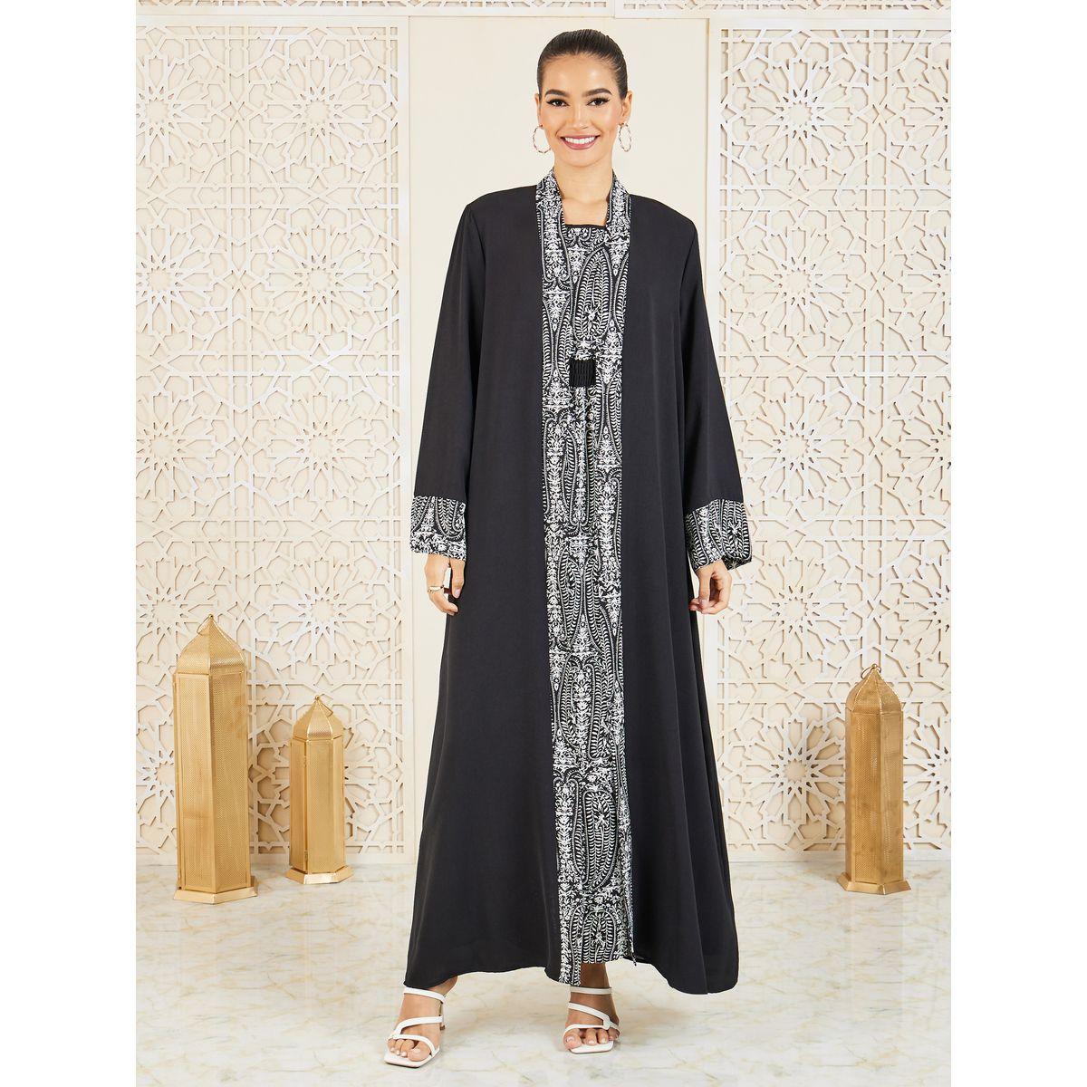 Styli Pack of 2 - Printed Abaya and Smocked Waist Inner Dress Set-women-arabicclothing-abayas-image-1