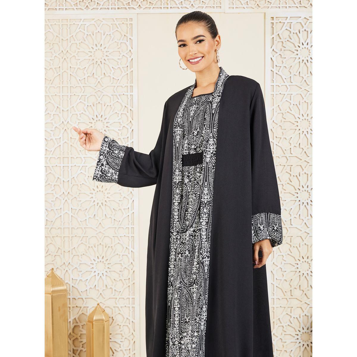 Styli Pack of 2 - Printed Abaya and Smocked Waist Inner Dress Set-women-arabicclothing-abayas-image-2