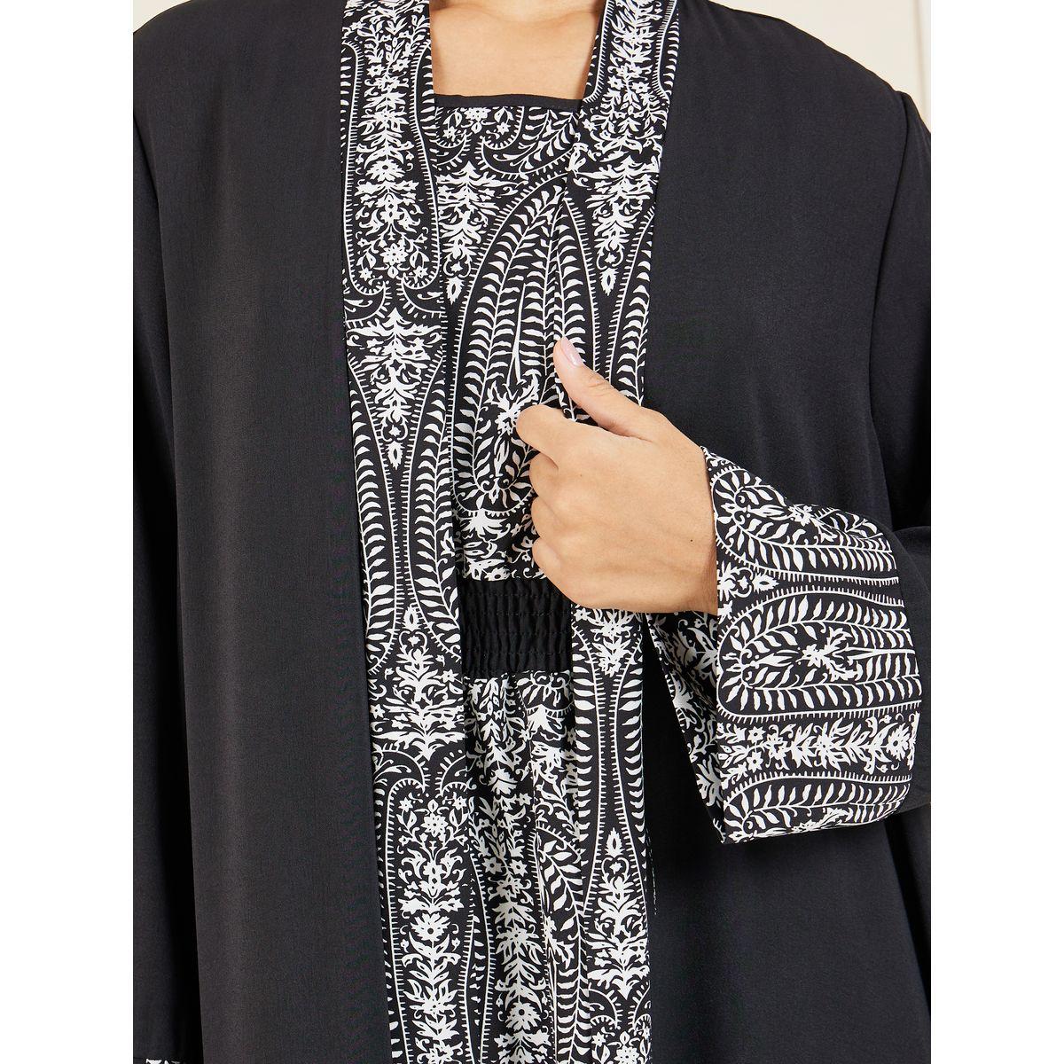 Styli Pack of 2 - Printed Abaya and Smocked Waist Inner Dress Set-women-arabicclothing-abayas-image-4