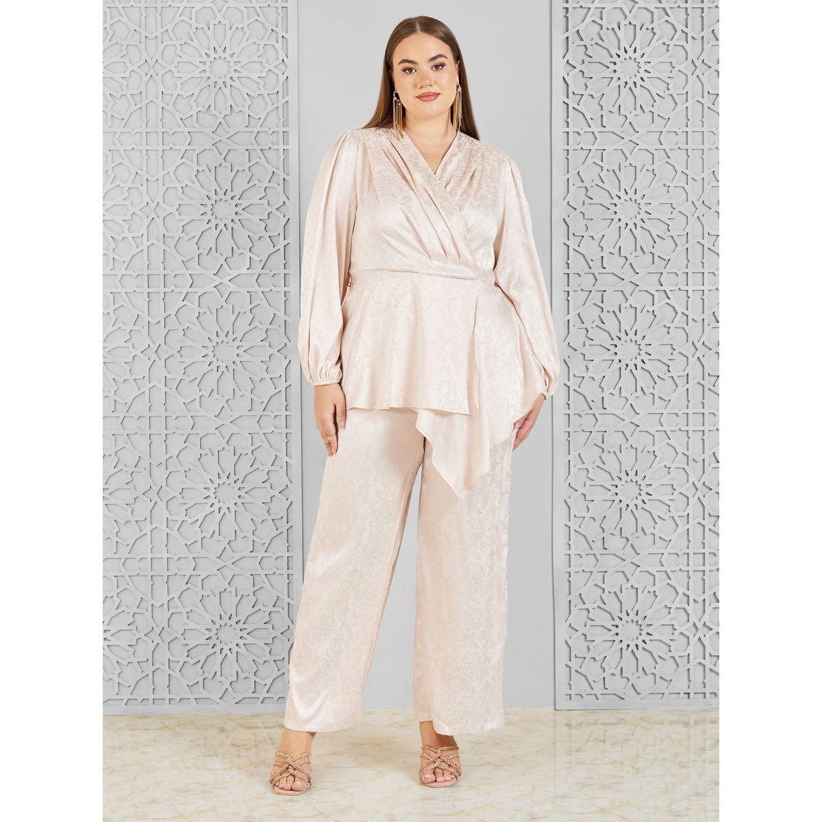 Styli Plus Satin Jacquard Asymmetric Hem Top and Wide Leg Pant Set-women-clothing-dresses-image-1