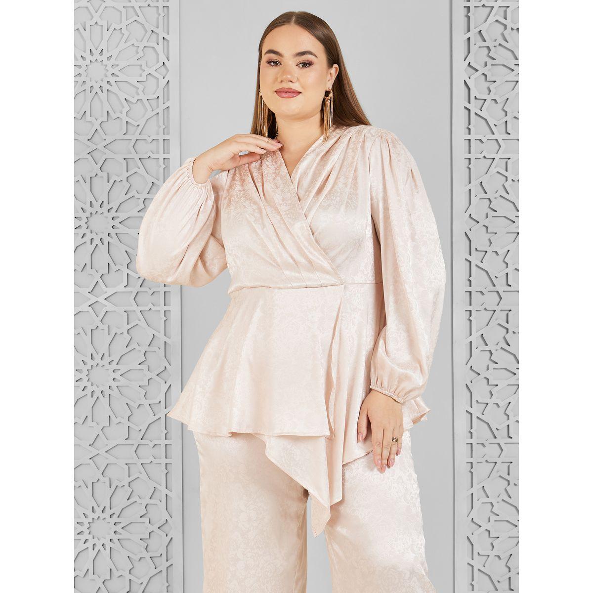 Styli Plus Satin Jacquard Asymmetric Hem Top and Wide Leg Pant Set-women-clothing-dresses-image-2