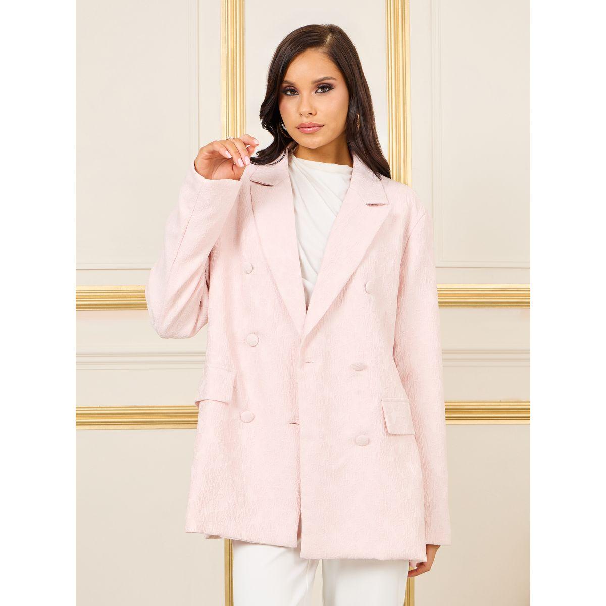 Styli Oversized Satin Jacquard Double Breasted Longline Blazer-women-clothing-coatsandjackets-blazers-image-1