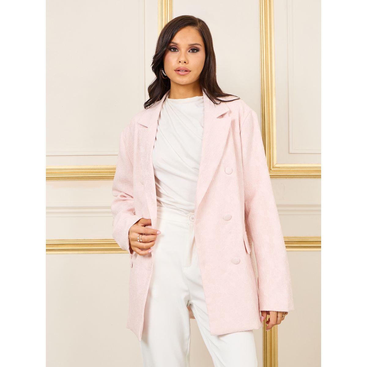 Styli Oversized Satin Jacquard Double Breasted Longline Blazer-women-clothing-coatsandjackets-blazers-image-2