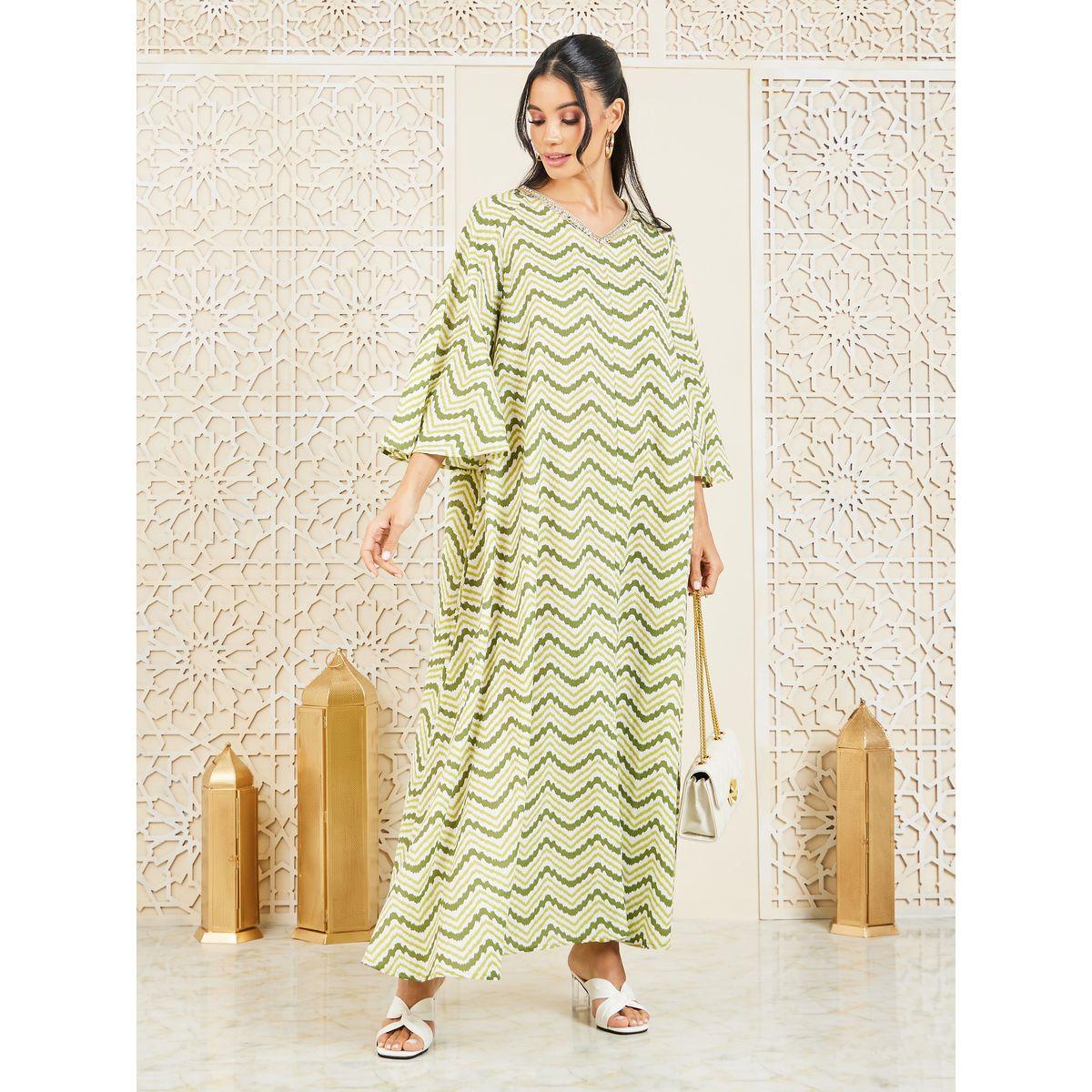Styli Mirror Work Lace Trim Neck Zigzag Print Jalabiya-women-arabicclothing-jalabiyas-image-1