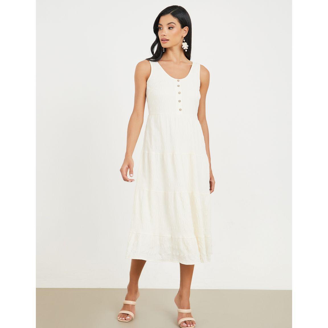 Styli Textured Button Detail Sleeveless Tiered Midi Dress-women-clothing-dresses-image-1