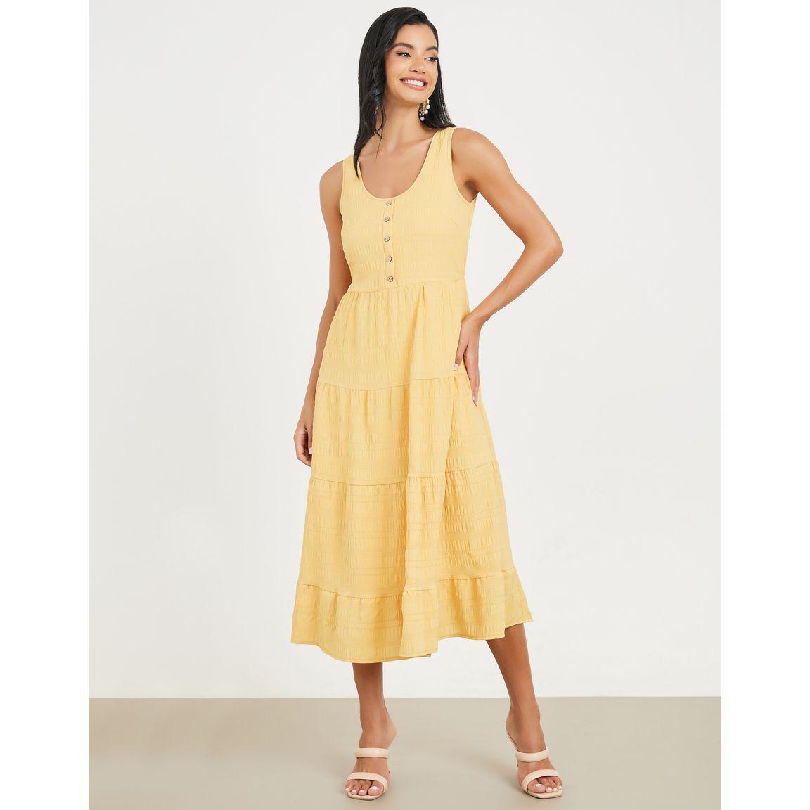 Styli Textured Button Detail Sleeveless Tiered Midi Dress-women-clothing-dresses-image-1
