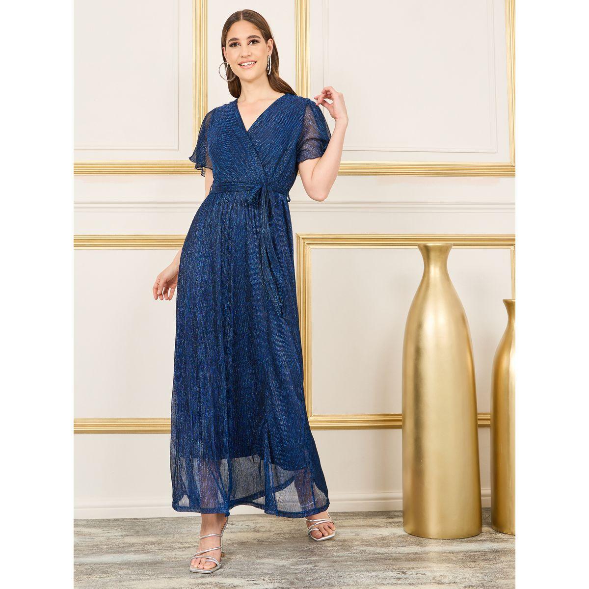 Styli Shiny Plisse A-Line Maxi Dress with Self Tie Up-women-clothing-dresses-image-1