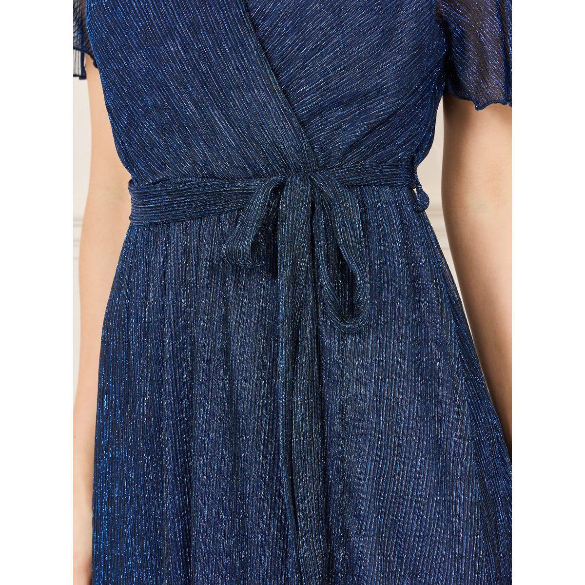 Styli Shiny Plisse A-Line Maxi Dress with Self Tie Up-women-clothing-dresses-image-3
