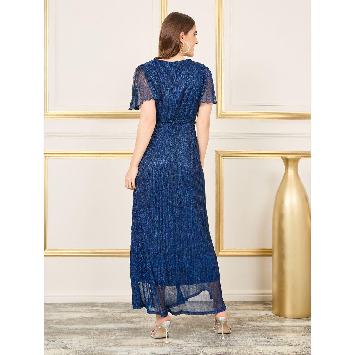 Styli Shiny Plisse A-Line Maxi Dress with Self Tie Up-women-clothing-dresses-image-4