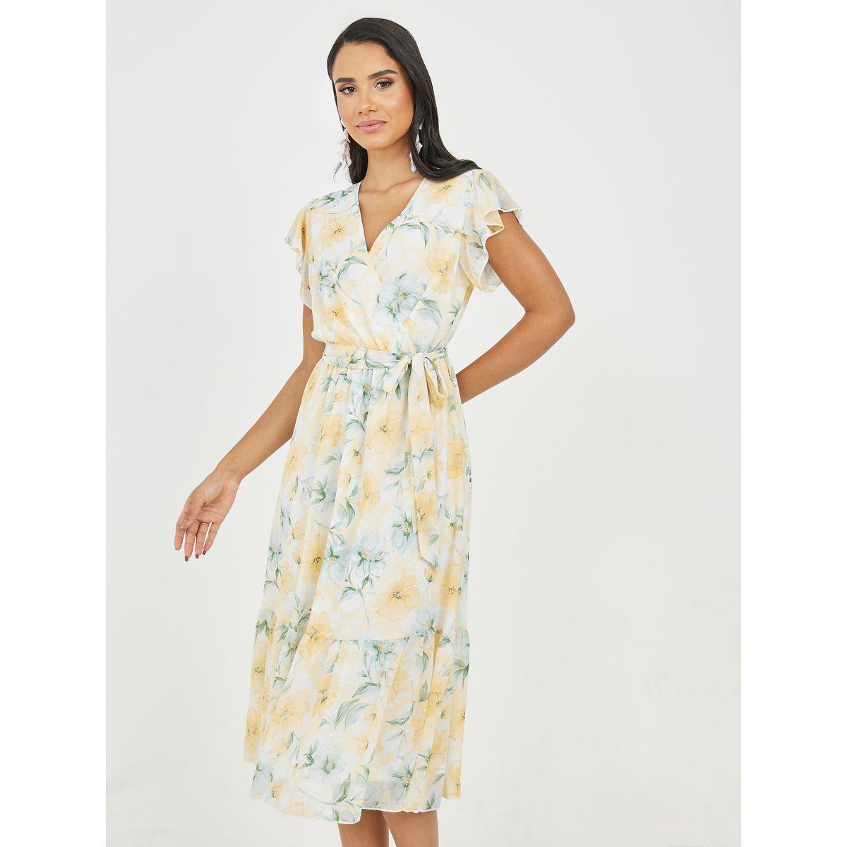 فستان ميدي مطبع بزهور مع اكمام كشكش-women-clothing-dresses-image-2